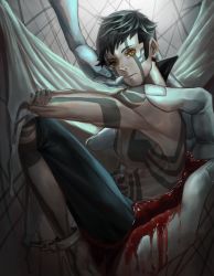 Rule 34 | 1boy, abs, black hair, blood, demi-fiend, full-body tattoo, highres, horns, looking at viewer, male focus, mochigana, muscular, shin megami tensei, shin megami tensei iii: nocturne, shoes, short hair, shorts, simple background, single horn, solo, tattoo, topless male, yellow eyes