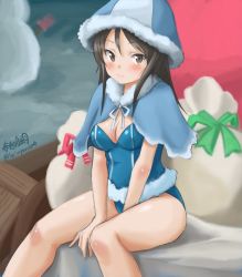 Rule 34 | 10s, 1girl, alternate color, artist name, bad id, bad twitter id, bag, blue hat, blue leotard, blush, breasts, brown eyes, brown hair, capelet, christmas, cleavage, closed mouth, girls und panzer, haruhata mutsuki, hat, leotard, light smile, long hair, looking at viewer, matching hair/eyes, medium breasts, mika (girls und panzer), oversized object, santa costume, signature, sitting, sketch, solo, twitter username, v arms