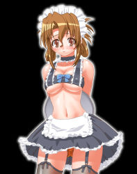 Rule 34 | 00s, 1girl, bare shoulders, bikini, breasts, cleavage, covered erect nipples, folded ponytail, frills, gambler club, garter belt, gathers, hand behind, hands behind, hayate no gotoku!, huge breasts, large breasts, maid, maid bikini, maid headdress, maria (hayate no gotoku!), midriff, navel, panties, panty peek, revealing clothes, shiny skin, solo, swimsuit, thick thighs, thighhighs, thighs, tray, unconventional maid, underboob, underwear