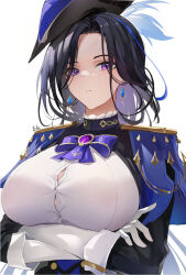 Rule 34 | 1girl, ascot, baige0, black hair, breasts, button gap, clorinde (genshin impact), crossed arms, genshin impact, gloves, hat, large breasts, long hair, looking at viewer, purple ascot, purple eyes, revision, shirt, simple background, solo, tricorne, upper body, white background, white gloves, white shirt