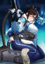 Rule 34 | 1girl, belt pouch, black-framed eyewear, black legwear, blue gloves, blurry, blurry background, blush, boots, breasts, brown eyes, brown hair, canister, coat, curvy, drone, fur-trimmed jacket, fur coat, fur trim, glasses, gloves, hair bun, hair ornament, hair stick, highres, holding, holding weapon, ice gun, jacket, kagematsuri, large breasts, looking at viewer, medium breasts, mei (overwatch), overwatch, overwatch 1, parka, parted lips, pouch, robot, seiza, single hair bun, sitting, snow boots, snowball (overwatch), snowflake hair ornament, solo, swept bangs, thick thighs, thighs, weapon, winter clothes, winter coat