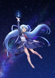 Rule 34 | 1girl, :d, arm up, armor, blue dress, blue footwear, blush, dress, faulds, floating hair, full body, green eyes, high heels, highres, hoshino yumemi, long hair, long sleeves, looking up, milky way, necktie, official art, open mouth, planetarian, pumps, red necktie, silver hair, sky, smile, solo, star (sky), starry sky, swept bangs, twintails, very long hair