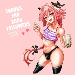Rule 34 | 1boy, astolfo (fate), blush, braid, bubble tea, bulge, cutoffs, drinking straw, english text, fang, fate/grand order, fate (series), hair ribbons, halterneck, halterneck, heart, jlm (tc0658), long hair, looking at viewer, male focus, nail polish, navel, nipples, open mouth, pink hair, ribs, solo, thank you, toned, trap, watermark, wide hips