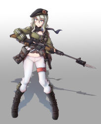 Rule 34 | 1girl, absurdres, bayonet, beret, boots, combat boots, girls&#039; frontline, gloves, gun, hat, highres, holding, holding gun, holding weapon, jacket, magazine (weapon), military, military uniform, mmmn540d88, pants, rifle, scarf, semi-automatic firearm, semi-automatic rifle, smile, sniper rifle, solo, track jacket, uniform, weapon, white background, white hair, white legwear, yellow eyes, zas m76 (girls&#039; frontline), zastava m76