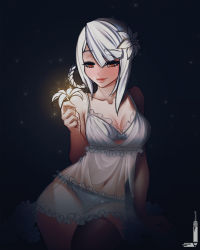Rule 34 | 1girl, arm support, black background, bra, braid, breasts, brown eyes, brown thighhighs, closed mouth, commentary, cowboy shot, diagonal bangs, english commentary, flower, frilled bra, frilled panties, frills, hair flower, hair ornament, hand up, highres, holding, holding flower, kaine (nier), loen, looking down, medium breasts, navel, nier, nier (series), nightgown, panties, single thighhigh, smile, solo, thighhighs, toned, twitter username, underwear, white bra, white flower, white hair, white panties