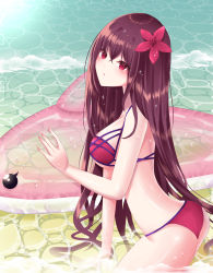 Rule 34 | 1girl, absurdres, artist request, ass, bare shoulders, bikini, blush, breasts, fate/grand order, fate (series), flower, hair flower, hair ornament, hibiscus, highres, inflatable dolphin, inflatable toy, large breasts, long hair, looking at viewer, open mouth, partially submerged, purple bikini, purple hair, red eyes, scathach (fate), scathach (fate/grand order), scathach (swimsuit assassin) (fate), swimsuit, water, wet