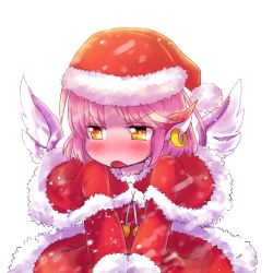 Rule 34 | 1girl, alternate eye color, animal ears, blush, capelet, christmas, ear piercing, fur trim, hat, ini (inunabe00), ini phm, looking away, mystia lorelei, no nose, piercing, pink hair, santa costume, santa hat, solo, touhou, v arms, white background, wings, yellow eyes