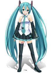 Rule 34 | 1girl, aqua eyes, aqua hair, bad id, bad pixiv id, blush, clenched teeth, detached sleeves, eto, female focus, full body, gradient background, hatsune miku, headset, long hair, necktie, pussy juice, sex toy, simple background, skirt, solo, tears, teeth, thighhighs, trembling, twintails, very long hair, vibrator, vocaloid, white background, zettai ryouiki