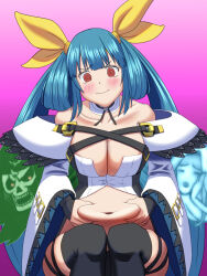 Rule 34 | 1girl, angel wings, asymmetrical wings, bare shoulders, belt, black thighhighs, blue hair, blush, breasts, cleavage, closed mouth, collarbone, dizzy (guilty gear), embarrassed, grabbing, guilty gear, guilty gear xrd, hair ribbon, hair rings, hayato rock, highres, large breasts, long hair, mature female, necro (guilty gear), purple background, red eyes, ribbon, simple background, sitting, skindentation, stomach, thick thighs, thighhighs, thighs, undine (guilty gear), wide sleeves, wings, yellow ribbon