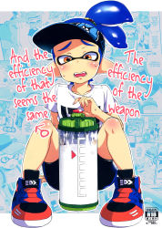Rule 34 | 1boy, blue hair, blush, cover, cover page, cum, domino mask, fangs, highres, inkling player character, kiss, male focus, mask, morishima kon, multiple boys, nintendo, open mouth, pointy ears, ponytail, shorts, sitting, splatoon (series), tentacle hair, tentacles, text focus, translated, yaoi
