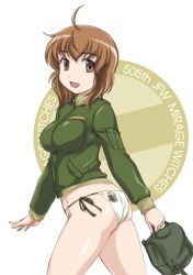 Rule 34 | 1girl, 505th joint fighter wing, 505th joint fighter wing (emblem), ahoge, ass, bag, breasts, brown eyes, brown hair, commentary, cowboy shot, english text, from side, green jacket, green panties, highres, holding, inufusa yuno, jacket, long sleeves, looking at viewer, medium breasts, open mouth, panties, print panties, satchel, short hair, side-tie panties, smile, solo, standing, underwear, wan&#039;yan aguda, world witches series, zipper