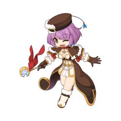 Rule 34 | 1girl, arch mage (ragnarok online), belt, black belt, boots, breasts, brown capelet, brown dress, brown footwear, brown hat, capelet, chibi, cleavage, crescent, dress, frilled sleeves, frills, full body, fur-trimmed boots, fur-trimmed capelet, fur-trimmed gloves, fur trim, gem, gloves, gold trim, hat, hat belt, holding, holding wand, layered dress, looking at viewer, medium bangs, medium breasts, official art, one eye closed, open mouth, pearl (gemstone), puffy short sleeves, puffy sleeves, purple hair, ragnarok online, short hair, short sleeves, simple background, smile, solo, stellated octahedron, tachi-e, transparent background, two-tone footwear, walking, wand, white dress, white footwear, yellow eyes, yuichirou