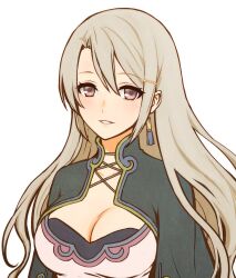 Rule 34 | 1girl, black eyes, breasts, cleavage, dress, earrings, grey hair, hair ornament, highres, jewelry, large breasts, ling hua, long hair, looking at viewer, rune factory, rune factory 4, simple background, solo, tb (spr1110), white background