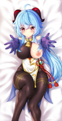 Rule 34 | ahoge, blue hair, blush, bodystocking, breasts, closed mouth, commentary, feet out of frame, ganyu (genshin impact), genshin impact, gloves, goat horns, highres, horns, large breasts, long hair, looking at viewer, lying, neck bell, nipples, on back, one breast out, outstretched arms, pelvic curtain, purple gloves, red eyes, shinrou tsukimi, smile, solo, thighs
