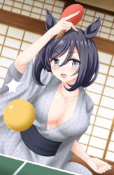 Rule 34 | 1girl, alternate costume, animal ears, ball, black hair, blush, breasts, cleavage, commentary request, cow, eishin flash (umamusume), grey eyes, gurukorian, highres, holding, holding paddle, horse ears, horse girl, indoors, japanese clothes, kimono, large breasts, looking at viewer, obi, open mouth, paddle, sash, smile, solo, table tennis, table tennis paddle, umamusume, wide sleeves, yukata