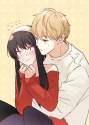Rule 34 | 1boy, 1girl, bare shoulders, black hair, blonde hair, blue eyes, blush, cheb 0w0, closed mouth, collarbone, commentary request, dotted background, dress, flying sweatdrops, hairband, highres, hug, hug from behind, long sleeves, nose blush, off shoulder, red dress, red eyes, sidelocks, spy x family, sweatdrop, sweater, sweater dress, twilight (spy x family), wavy mouth, white hairband, yellow background, yor briar