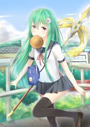 Rule 34 | 1girl, alternate costume, athena (p&amp;d), bad id, bad pixiv id, bag, black skirt, black thighhighs, blue sky, blush, building, cloud, day, food, green eyes, hair ornament, handbag, highres, leg up, loafers, long hair, mouth hold, name tag, outdoors, pleated skirt, polearm, puzzle &amp; dragons, red eyes, red ribbon, ribbon, school uniform, serafuku, shoes, short sleeves, skirt, sky, solo, star (symbol), strap, tailam, tamadra, thighhighs, weapon, window