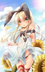 Rule 34 | 10s, 1girl, :&lt;, adapted costume, artist name, bare shoulders, black panties, blonde hair, blush, clothes lift, cloud, day, dress, dress lift, flower, green eyes, hairband, highleg, highleg panties, highres, kantai collection, long hair, looking at viewer, nano (cherry line), panties, see-through, see-through silhouette, shimakaze (kancolle), signature, sky, solo, strapless, strapless dress, striped clothes, striped thighhighs, sunflower, thigh gap, thighhighs, underwear