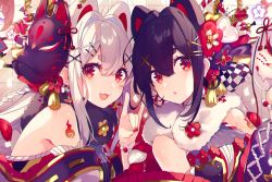 2girls :3 :d :o animal_ears black_hair commentary_request copyright_request fox_ears fox_shadow_puppet fur_trim hair_between_eyes hair_ornament japanese_clothes looking_at_viewer mask mask_on_head multiple_girls open_mouth red_eyes saine short_eyebrows sidelocks smile thick_eyebrows upper_body white_hair x_hair_ornament