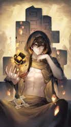 Rule 34 | 1boy, abs, absurdres, bare arms, black hair, brown eyes, brown hair, brown skirt, closed mouth, collarbone, commentary request, genshin impact, hair between eyes, hand on own chin, hand up, highres, hood, hood up, jewelry, long hair, looking at viewer, male focus, navel, sitting, skirt, smile, solo, spade-m, spoilers, stomach, zhongli (archon) (genshin impact), zhongli (genshin impact)
