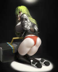 Rule 34 | 1girl, banshee (last origin), ass, boots, bound, bound wrists, breasts, chronodash, full body, green hair, hair between eyes, highres, huge breasts, kneeling, last origin, light green hair, looking at viewer, looking back, open mouth, panties, red eyes, solo, thigh boots, thighhighs, underwear