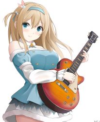 Rule 34 | 1girl, bad id, bad pixiv id, blue dress, blue eyes, blue hairband, blush, breasts, brown hair, closed mouth, commentary request, dress, electric guitar, fur-trimmed dress, fur-trimmed sleeves, fur trim, gibson les paul, girls&#039; frontline, guitar, hair between eyes, hair ornament, hairband, highres, holding, holding instrument, instrument, keenh, layered sleeves, long hair, long sleeves, looking at viewer, medium breasts, official alternate costume, one side up, puffy short sleeves, puffy sleeves, short over long sleeves, short sleeves, simple background, sleeves past wrists, smile, snowflake hair ornament, solo, strapless, strapless dress, suomi (girls&#039; frontline), suomi (korvatunturi pixie) (girls&#039; frontline), white background