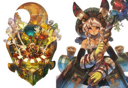 Rule 34 | 1girl, animal ears, apple, arrow (pixiv fantasia 5), bare shoulders, character name, chibi, crescent moon, cropped, dark-skinned female, dark skin, elbow gloves, food, fruit, gloves, grey eyes, hat, hat ornament, holding, holding staff, long hair, looking at viewer, moon, multiple views, narumi arata, paper, pixiv fantasia, pixiv fantasia 5, rabbit ears, saddlebags, solo, staff, standing, white background, white hair, yellow gloves