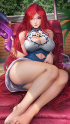 Rule 34 | 1girl, ass, bare shoulders, barefoot, blue dress, blue panties, breasts, cleavage, cleavage cutout, clothing cutout, coconut, day, dress, earrings, highres, hoop earrings, jewelry, large breasts, league of legends, legs, long hair, looking at viewer, miss fortune (league of legends), nail polish, outdoors, panties, pool party miss fortune, red eyes, red hair, solo, turewindwalker, underwear, very long hair