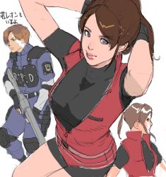Rule 34 | 1boy, 1girl, artist request, bike shorts, blue eyes, brown hair, claire redfield, elbow pads, fingerless gloves, flat color, gloves, gun, holding, holding gun, holding weapon, leon s. kennedy, lipstick, looking at viewer, makeup, police, police uniform, ponytail, resident evil, resident evil 2, short hair, shorts, simple background, sitting, smile, uniform, weapon, white background