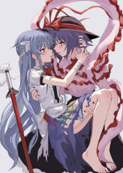Rule 34 | 2girls, after kiss, bandage over one eye, bandaged arm, bandaged head, bandaged leg, bandages, bandaid, barefoot, blue hair, blush, bow, carrying, eye contact, eyepatch, feet, fkey, grey background, hat, hat bow, highres, hinanawi tenshi, long hair, looking at another, multiple girls, nagae iku, nail polish, princess carry, red eyes, saliva, saliva trail, short hair, simple background, skirt, sword, toes, torn clothes, torn skirt, touhou, very long hair, weapon, yuri
