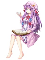 Rule 34 | 1girl, barefoot, book, breasts, crescent, cup, dress, full body, hair ribbon, hat, highres, long hair, looking at viewer, medium breasts, momoko (momopoco), patchouli knowledge, puffy sleeves, purple dress, purple eyes, purple hair, ribbon, sitting, smile, solo, striped clothes, striped dress, teacup, touhou, transparent background, white background