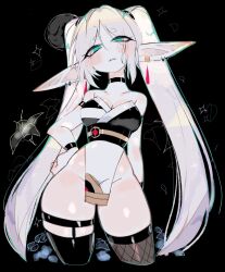 Rule 34 | 1girl, alternate costume, bare shoulders, black background, black choker, black thighhighs, blush, breasts, choker, cleavage, closed mouth, collar, earrings, elf, frieren, green eyes, highres, jewelry, long hair, looking at viewer, parted bangs, pointy ears, simple background, solo, sousou no frieren, standing, thick thighs, thighhighs, thighs, twintails, usa37107692, very long hair, white hair
