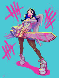 Rule 34 | 1girl, angel wings, black pantyhose, blue background, blue eyes, blue hair, blue shirt, chainsaw, chewing gum, commentary, english commentary, highres, holding, holding chainsaw, itzy, k-pop, leaning back, medium hair, off-shoulder shirt, off shoulder, pantyhose, platform footwear, platform heels, real life, shirt, solo, sunrise stance, vincent (recyclevin exe), white footwear, wings, yuna (itzy)