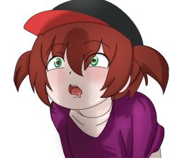 Rule 34 | 1girl, 4chan, brown hair, drawfag, drooling, eyes visible through hair, female focus, green eyes, hat, heart, heart-shaped pupils, keksandra, penis awe, penis shadow, purple shirt, s4s (4chan), shadow, shirt, simple background, solo, symbol-shaped pupils, two side up, white background