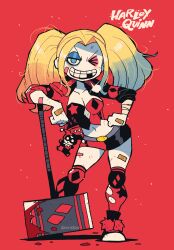 Rule 34 | 1girl, absurdres, bandaid, batman (series), big hair, blonde hair, blue eyes, breasts, bruise, bruise on face, bruised eye, cleavage, contrapposto, dc comics, eyeshadow, full body, grin, hammer, hand on own hip, harley quinn, highres, holding, holding hammer, injury, jacket, knee pads, looking at viewer, makeup, medium breasts, midriff, mismatched eyeshadow, missing tooth, navel, one eye closed, open clothes, open jacket, rariatto (ganguri), red background, short shorts, shorts, simple background, smile, solo, twintails, vest