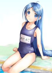 Rule 34 | 10s, 1girl, blue eyes, blue hair, highres, kantai collection, long hair, looking at viewer, matching hair/eyes, name tag, nenngajyoh, one-piece swimsuit, pool, samidare (kancolle), school swimsuit, sitting, solo, swimsuit, very long hair, water, wet