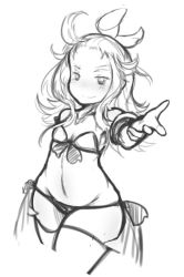 Rule 34 | 1girl, ahoge, arceonn, bare shoulders, bikini, blush, bow, bravely default: flying fairy, bravely default (series), cropped legs, edea lee, flat chest, greyscale, groin, hair bow, long hair, lowleg, lowleg bikini, monochrome, navel, outstretched hand, smile, solo, swimsuit, thighhighs, wide hips