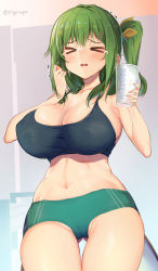 Rule 34 | &gt; &lt;, 1girl, aged up, alternate breast size, artist name, ase (nigesapo), blush, breasts, cameltoe, cleavage, cleft of venus, closed mouth, collarbone, commentary request, covered erect nipples, cowboy shot, cup, daiyousei, english text, from below, furrowed brow, gluteal fold, green hair, grey background, hair between eyes, hair ribbon, hands up, highres, holding, holding cup, indoors, large breasts, long hair, midriff, navel, one side up, ribbon, simple background, solo, tearing up, touhou, wavy mouth, yellow ribbon