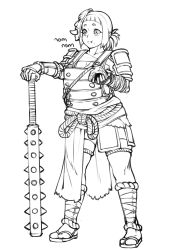 Rule 34 | 1girl, absurdres, armor, club, club (weapon), eating, ebonyxh, food, for honor, greyscale, highres, holding, japanese armor, japanese clothes, kanabou, leg wrap, mask, monochrome, oni mask, onigiri, shoulder armor, shugoki (for honor), solo, weapon