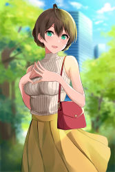 Rule 34 | 1girl, :d, absurdres, ahoge, aqua eyes, asato (fadeless), bag, blurry, blurry background, braid, breasts, brown hair, commentary request, day, highres, idolmaster, idolmaster million live!, idolmaster million live! theater days, looking at viewer, medium breasts, medium skirt, open mouth, outdoors, pleated skirt, ribbed sweater, sakuramori kaori, shoulder bag, skirt, sleeveless, sleeveless sweater, smile, solo, steepled fingers, sweater, yellow skirt