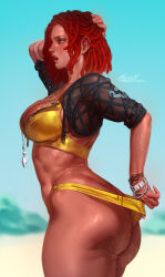 Rule 34 | 1girl, adjusting clothes, adjusting swimsuit, aleriia v, artist name, ass, beach, bikini, blurry, blurry background, bracelet, breasts, brown eyes, butt crack, commentary, commission, dark-skinned female, dark skin, dreadlocks, english commentary, from side, gradient hair, hand on own head, highres, jewelry, large breasts, multicolored hair, open mouth, original, patreon username, profile, pulled by self, red hair, sand on skin, short sleeves, solo, swimsuit, teeth, upper teeth only, wedgie, wet, whistle, yellow bikini