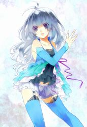 Rule 34 | 1girl, :d, akizuki hakuto, antenna hair, bad id, bad pixiv id, bare shoulders, bloomers, blue theme, blue thighhighs, dancing, detached sleeves, frills, garter straps, lace, lace-trimmed legwear, lace trim, long hair, open mouth, original, purple eyes, silver hair, smile, solo, thighhighs, underwear, wavy hair, yukie (peach candy)