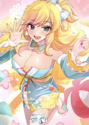 Rule 34 | 1girl, :d, absurdres, ball, bare shoulders, beachball, blonde hair, blue eyes, blush, bow, breasts, candy, cleavage, commentary request, detached collar, detached sleeves, food, gradient background, green bow, green nails, hair bow, hands up, happy, heart, highres, idolmaster, idolmaster cinderella girls, japanese clothes, kimono, large breasts, lollipop, long hair, long sleeves, looking at viewer, multicolored nails, nail polish, ohtsuki yui, open mouth, ponytail, purple nails, ribbon, sandals, shiny skin, smile, solo, toenail polish, toenails, white nails, wide sleeves, yuzuhota0313
