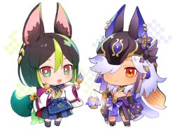 Rule 34 | 2boys, animal ear fluff, animal ears, animal hat, black hair, black headwear, blush, chibi, closed mouth, cyno (genshin impact), dark-skinned male, dark skin, flower, food, fox boy, fox ears, fox tail, genshin impact, green hair, grey hair, hair over one eye, hat, holding, holding food, long hair, long sleeves, looking at viewer, male focus, multicolored clothes, multicolored hair, multiple boys, nobinolifes, open mouth, red eyes, simple background, tail, tighnari (genshin impact), white background, wide sleeves, yellow flower