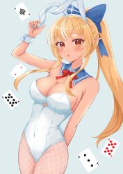 Rule 34 | 1girl, ace (playing card), ace of spades, animal ears, arlonn, bare shoulders, blonde hair, blush, bow, bowtie, breasts, card, cleavage, dark-skinned female, dark skin, detached collar, elf, fake animal ears, fake tail, fishnet pantyhose, fishnets, hair bow, highres, hololive, large breasts, leotard, long hair, looking at viewer, multicolored hair, open mouth, pantyhose, playboy bunny, playing card, pointy ears, ponytail, rabbit ears, rabbit tail, red bow, red bowtie, red eyes, shiranui flare, shiranui flare (1st costume), sidelocks, solo, spade (shape), strapless, strapless leotard, streaked hair, tail, virtual youtuber, white hair, white leotard, wrist cuffs