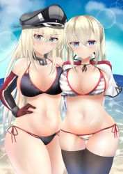 Rule 34 | 2girls, absurdres, balut (7676i), beach, bikini, bismarck (kancolle), black bikini, black legwear, blonde hair, blue eyes, blue sky, breasts, brown gloves, capelet, cloud, collarbone, commentary request, cowboy shot, day, detached sleeves, gloves, graf zeppelin (kancolle), hair between eyes, hand on own hip, hat, highres, horizon, kantai collection, large breasts, lens flare, long hair, looking at viewer, military hat, multiple girls, navel, ocean, outdoors, peaked cap, side-tie bikini bottom, sidelocks, sky, sparkle, striped bikini, striped clothes, swimsuit, thighhighs, twintails
