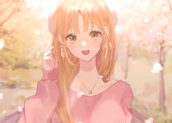 Rule 34 | 1girl, blonde hair, bloom, blush, cherry blossoms, collarbone, dress, earrings, falling petals, hand in own hair, highres, jewelry, kyatatsu, locket, long hair, looking at viewer, necklace, nijisanji, open mouth, outdoors, parted bangs, pendant, petals, pink dress, pink shirt, plant, pom pom (clothes), pom pom earrings, shirt, sister claire, sister claire (4th costume), sleeves past wrists, smile, solo, sunlight, tree, upper body, virtual youtuber, white headwear, yellow eyes