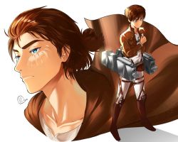 Rule 34 | 1boy, backlighting, belt, blade, blue eyes, brown footwear, brown hair, closed mouth, eren yeager, facial mark, jewelry, key, key necklace, light rays, machinery, male focus, multiple views, necklace, odyssey 21, aged up, shingeki no kyojin, signature, simple background, standing, uniform, white background