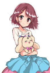 Rule 34 | 1girl, blue skirt, blush, bow, brown eyes, brown hair, closed mouth, collarbone, commentary request, flower, hair flower, hair ornament, hairclip, hanadera nodoka, haru (nature life), healin&#039; good precure, hug, layered skirt, looking at viewer, pink flower, pink skirt, precure, purple bow, rabbit, shirt, short sleeves, simple background, sketch, skirt, smile, swept bangs, white background, white shirt