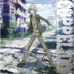 Rule 34 | 1boy, bush, cloud, coppelion, copyright name, crosswalk, day, explosive, full body, grass, grenade, grenade pin, grey eyes, highres, house, kurosawa haruto, loafers, looking at viewer, male focus, necktie, official art, outdoors, overgrown, pale skin, power lines, road, ruins, school uniform, shoes, silver hair, sky, solo, standing, street, striped necktie, striped neckwear, sweater vest, traffic light